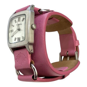 Women's Fossil Pink Leather Band Silver Case Watch